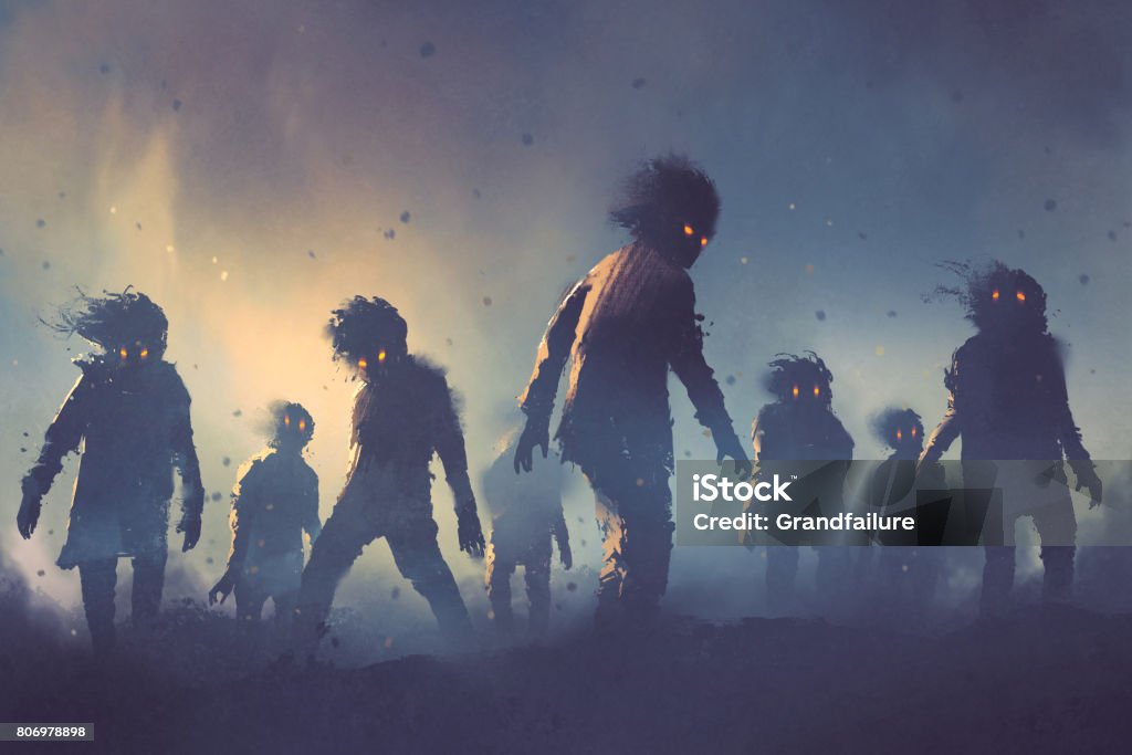Halloween concept of zombie crowd walking at night Halloween concept of zombie crowd walking at night, digital art style, illustration painting Zombie stock illustration