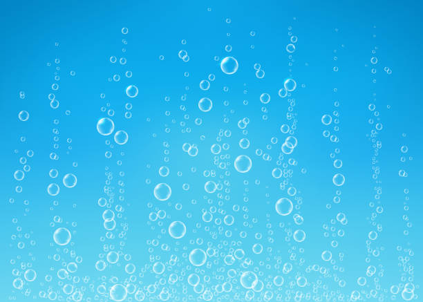 Transparent fizzing air bubbles on blue background. Underwater fizzing air bubbles on blue background. Fizzy sparkles in water, sea, aquarium, ocean. Drink texture. Undersea vector illustration. cold drink stock illustrations