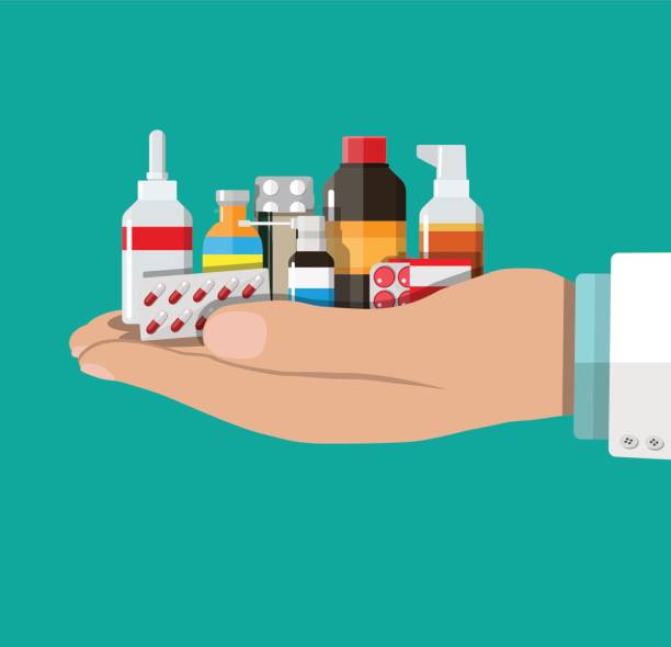 illustrazioni stock, clip art, cartoni animati e icone di tendenza di diverse pillole e bottiglie mediche - pharmacy pill bottle container