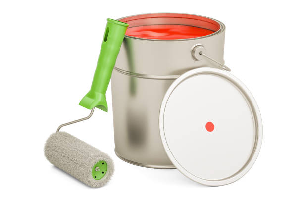 istock Can with red paint and roller brush, 3D rendering isolated on white background 806988580