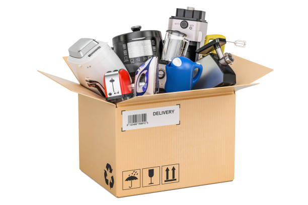 istock Cardboard box with household and kitchen appliances, delivery concept. 3D rendering 806988586