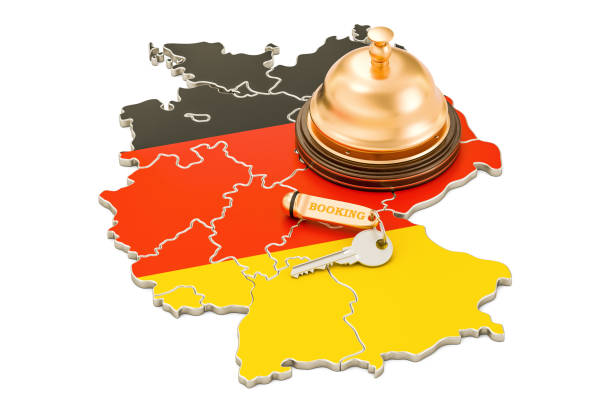 istock Germany booking concept. German flag with hotel key and reception bell, 3D rendering 806988606