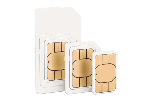 conjunto de mini cartões de sim, micro, nano, 3d, renderização isolado no fundo branco - sim card - fotografias e filmes do acervo