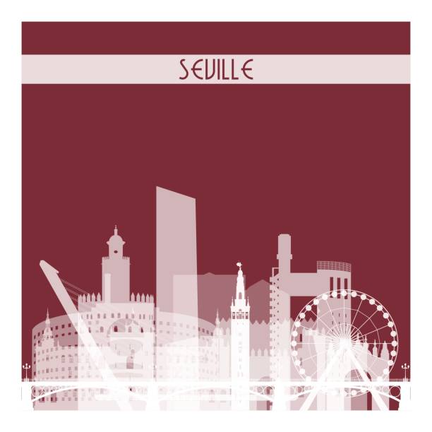 Seville, white transparent skyline silhouette on dark red background. Seville, white transparent skyline silhouette on dark red background. Vector illustration. sevilla stock illustrations