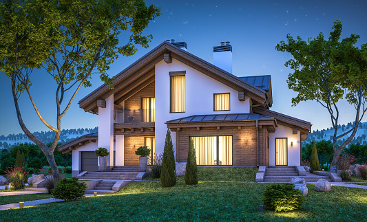 3d rendering of modern cozy house in chalet style with garage for sale or rent with many grass on lawn. Clear summer night with stars on the sky. Cozy warm light from window