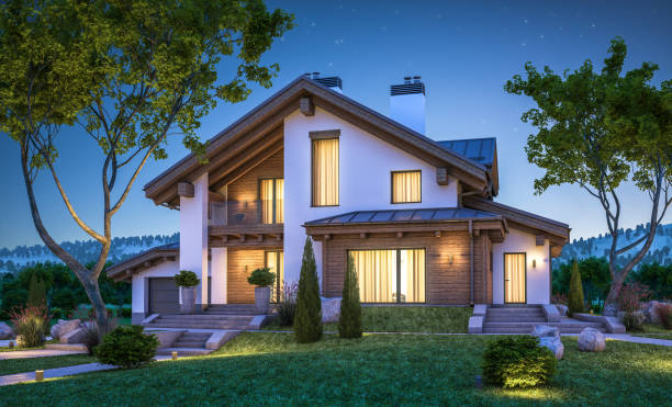 3d rendering of modern cozy house in chalet style 3d rendering of modern cozy house in chalet style with garage for sale or rent with many grass on lawn. Clear summer night with stars on the sky. Cozy warm light from window landscape lighting stock pictures, royalty-free photos & images