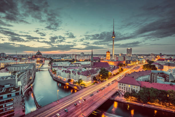 istock Berlin skyline panorama in twilight during blue hour, Germany 806998752