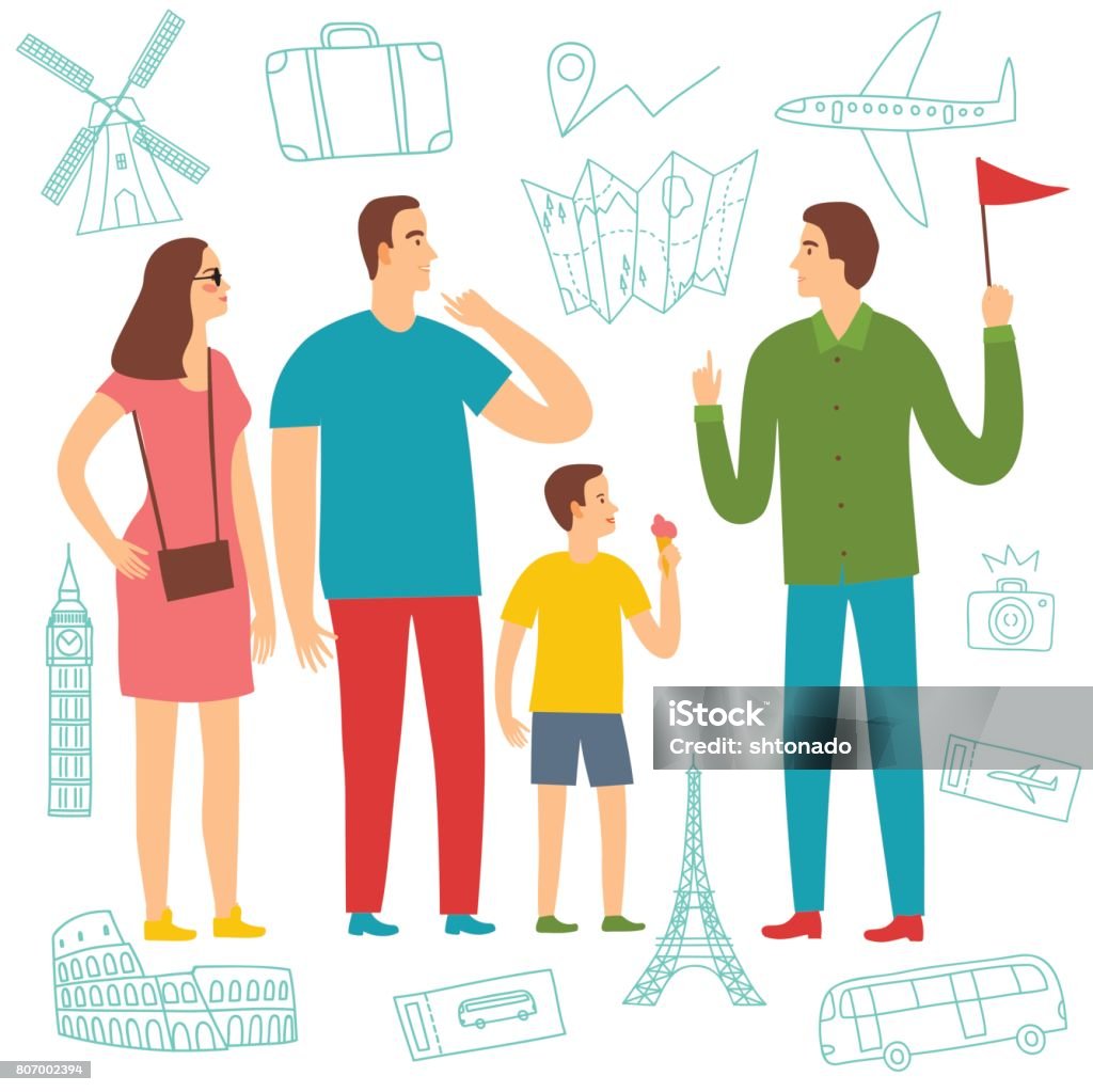 Family on excursion listening to the guide Family on excursion listening to the guide. Including doodle drawings: airplane, ship; suitcase, monuments. Tourism and travel illustration for your design. Adult stock vector