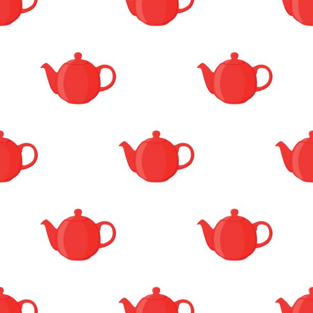 Vector illustration of red teapot, seamless pattern. Cartoon flat style Vector illustration of red teapot, seamless pattern. Pottery fictile, clay teakettle. Made in cartoon flat style teared stock illustrations