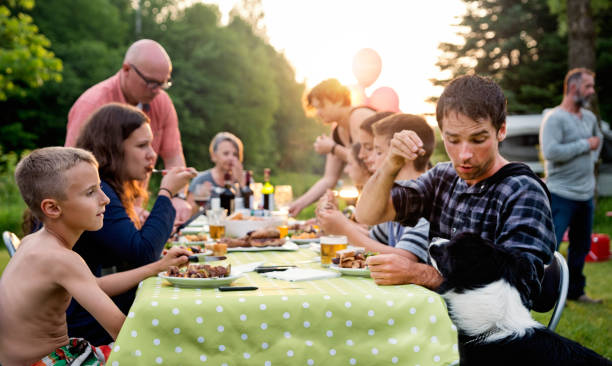 Big family barbecue gathering at sunset, summer outdoors. Celebration time for this three generation real family outdoors in summer. Big dinner is ready, people coming to the table. Young man feeding the dog. Horizontal waist up shot with copy space. This was taken in Quebec, Canada. big family table stock pictures, royalty-free photos & images