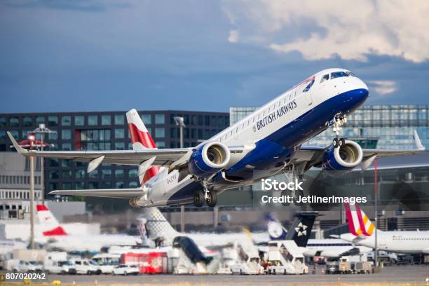 British Airways Embraer Erj190 Stock Photo - Download Image Now - British Airways, London City Airport, Commercial Airplane