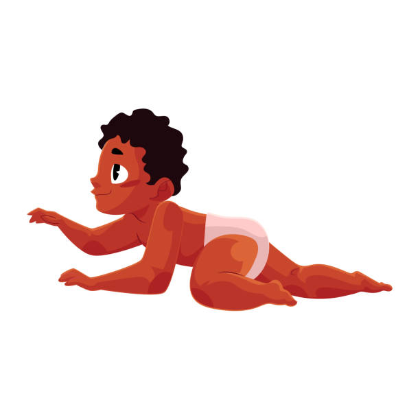 Crawling black, African American baby kid, infant, child in diaper Side view portrait of crawling black, African American baby kid, infant, child in diaper, cartoon vector illustration isolated on white background. Crawling black, African American baby in diaper fat humor black expressing positivity stock illustrations