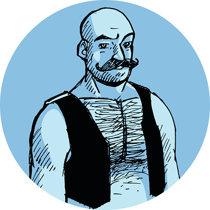 Bald man with strong muscles. Sketchy style.