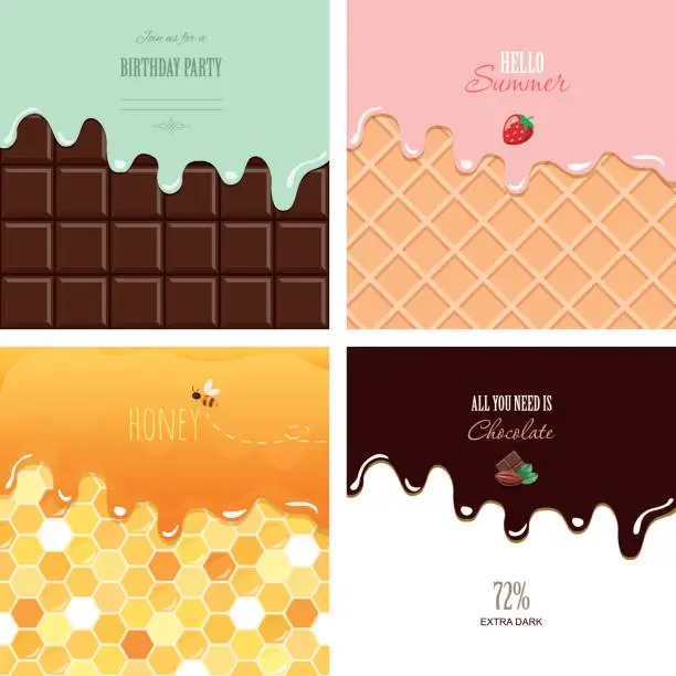 Vector illustration of Different melted textures set. Cream on the chocolate bar, ice-cream on the wafer, honey on the honeycomb. Cute design with sample text.