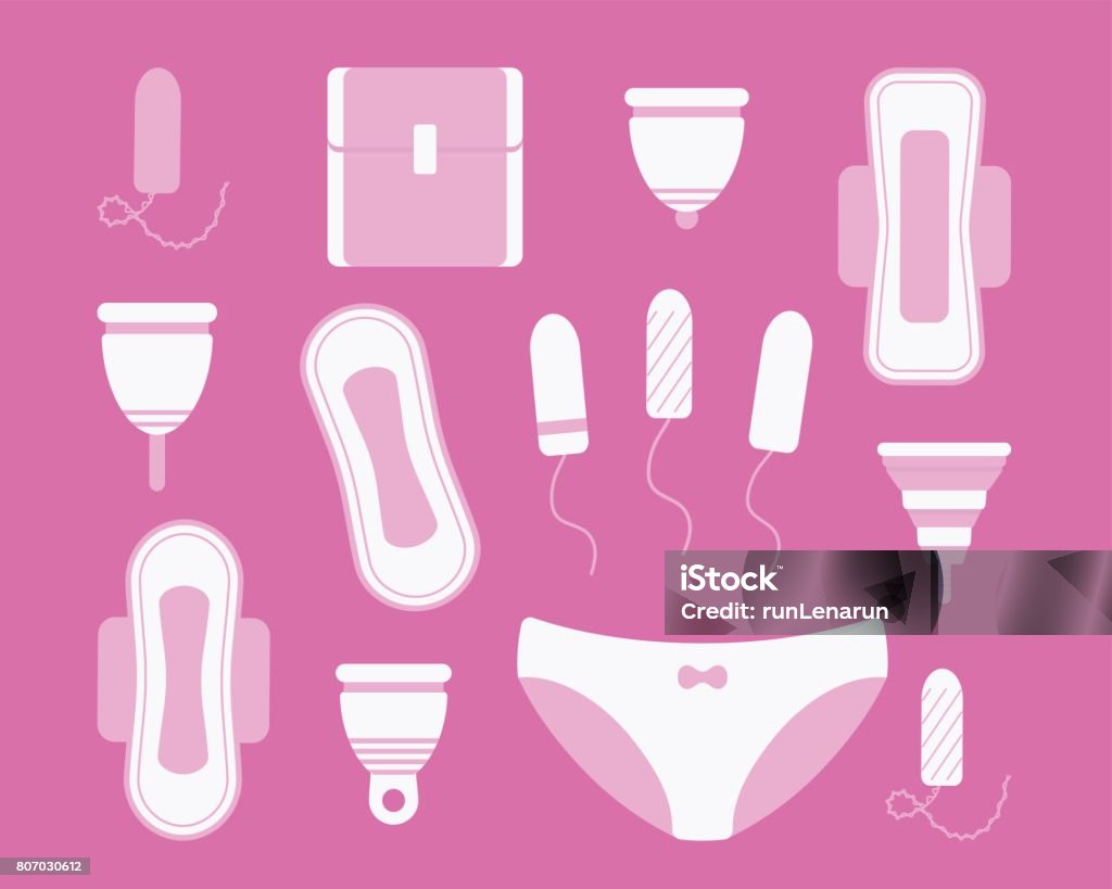 Feminine hygiene flat vector icons set Feminine hygiene icons set. Flat design of sanitary pads, tampons, menstrual cups and panties isolated on the dark background. Vector illustration Sanitary Pad stock vector