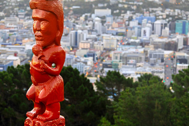 WELLINGTON, NEW ZEALAND - MARCH 5, 2010: Statue of Maori Idol on Mount Victoria looking towards Cook Strait