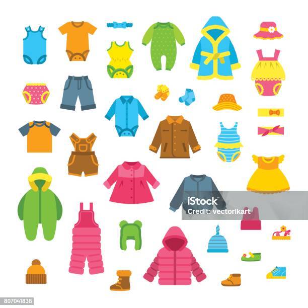 Bébé Vêtements Plat Vector Illustrations Ensemble Vecteurs libres de droits et plus d'images vectorielles de Enfant - Enfant, Habillement, Bébé