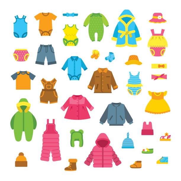 ilustrações, clipart, desenhos animados e ícones de conjunto de ilustrações do bebê roupas vector plana - winter child coat baby girls