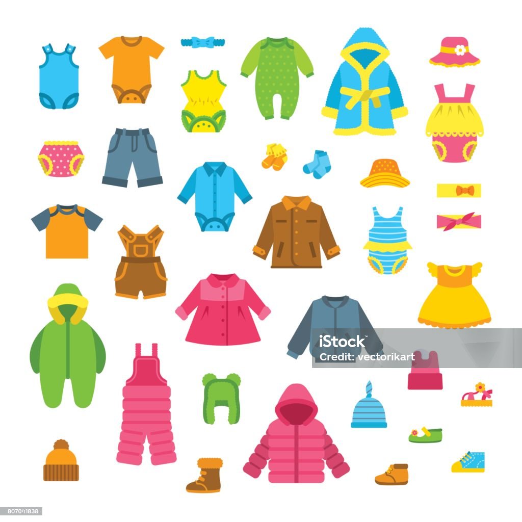 Baby clothes flat vector illustrations set Baby clothes vector illustrations set. Newborn kid outfit flat icons. Little girl and boy clothing cartoon elements. Child fashion collection. Garments for all seasons. Apparel, underwear, hats, shoes Child stock vector