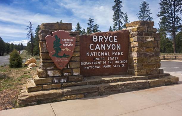BRYCE, UTAH, USA - MAY 3, 2017: Entrance to Bryce Canyon National Park on US-63 just south of famous Rubby’s Inn in Western Frontier town of Bryce
