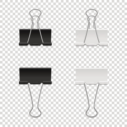 Realistic vector binder clip icon set isolated on transparent backgraund. Design tamplate, mockup, EPS10 illustration.