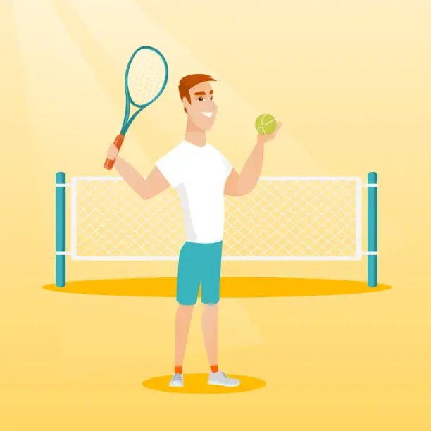 Vector illustration of Young caucasian tennis player