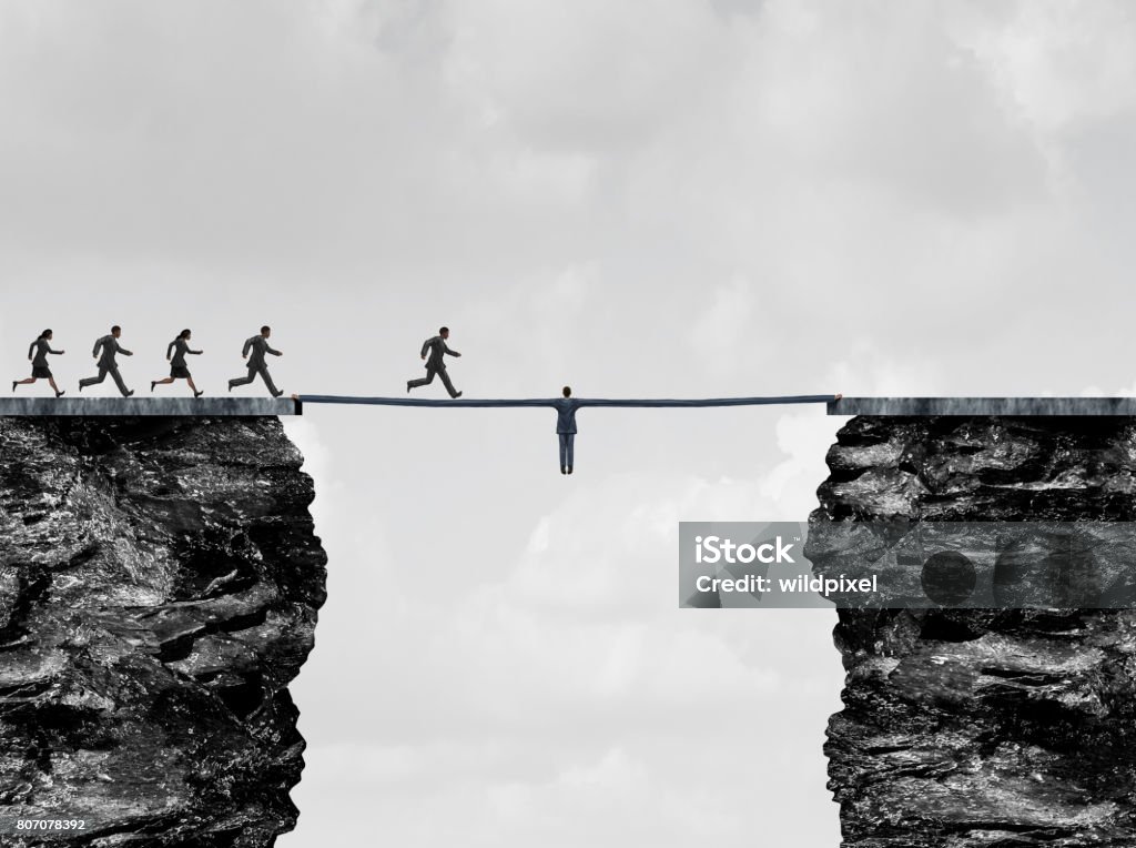 Leadership Bridge Leadership bridge business success concept as a leader businessman with stretched arms creating a path and helping hand to succeed as a financial team metaphor or strong support for employees with 3D illustration elements. Sacrifice Stock Photo