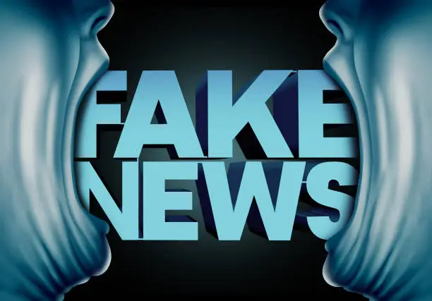 Fake news reporting concept and hoax journalistic reports from anonymous sources as people with open mouths with text as false media reporters metaphor and deceptive disinformation with 3D illustration elements.