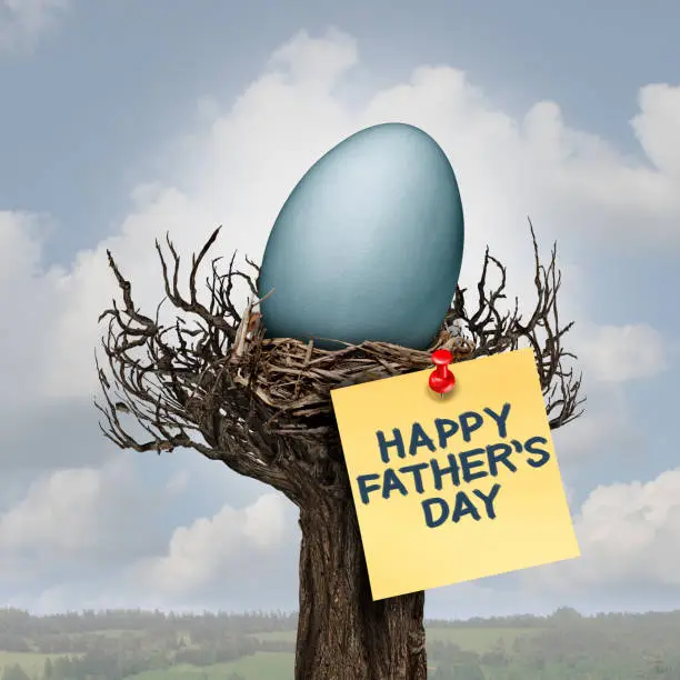 Happy father day and daddy or fatherhood celebration concept as a nest with an egg as a parenting symbol as a best dad message with 3D illustration elements.