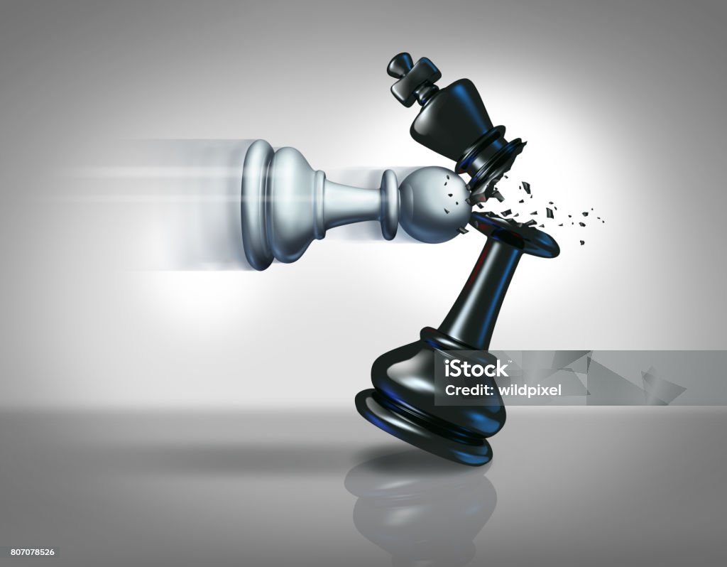 Startup Business Strategy Startup business strategy concept as a chess pawn smashing a king piece as a metaphor for success and action plan to win as a3D illustration. Activity Stock Photo