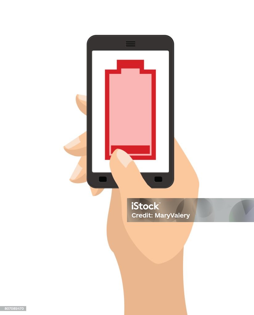 Empty battery life of smartphone. Red accumulator. Hand hold phone Battery stock vector