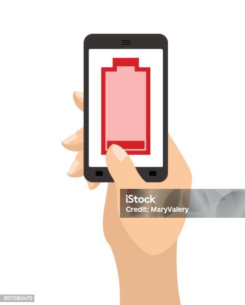 Empty Battery Life Of Smartphone Red Accumulator Hand Hold Phone Stock Illustration - Download Image Now