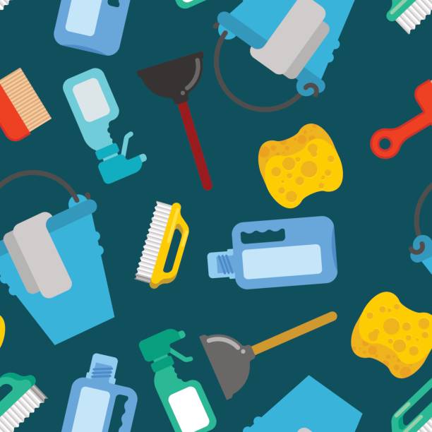 ilustrações de stock, clip art, desenhos animados e ícones de cleaning seamless pattern. accessories cleaner background. brush and plunger. bucket and floorcloth. sponge and sprayer - floorcloth