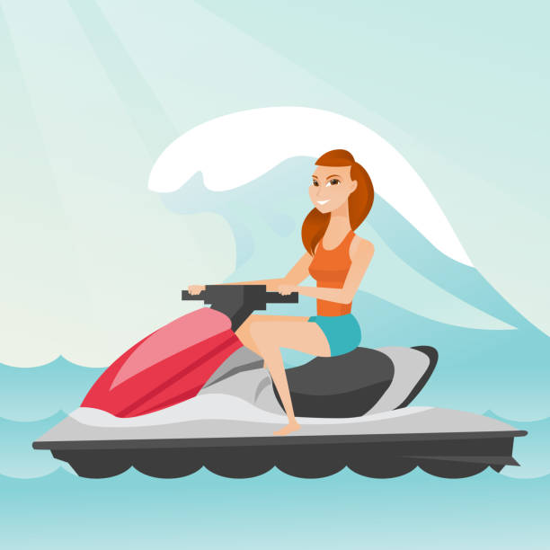 istock Caucasian woman riding on water scooter in the sea 807091602