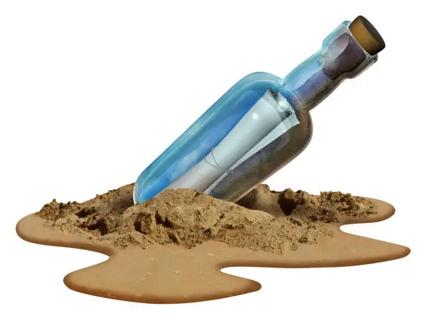 Message in a bottle isolated on a white background concept as a note on a sealed glass container as a communication metaphor for sending a letter of help from a castaway on an island beach with 3D illustration elements.