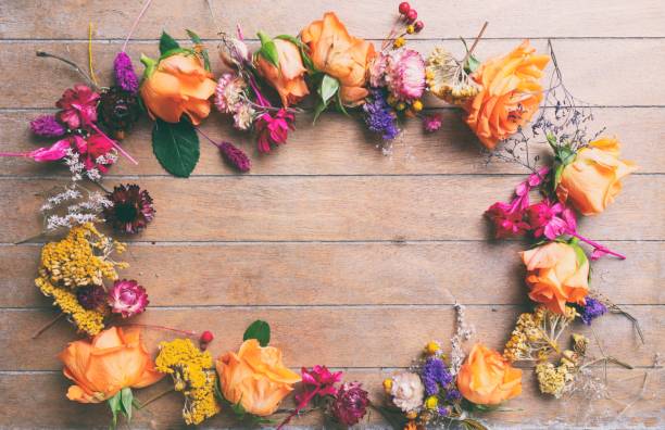 istock Flowers and herbs on wooden background 807108658