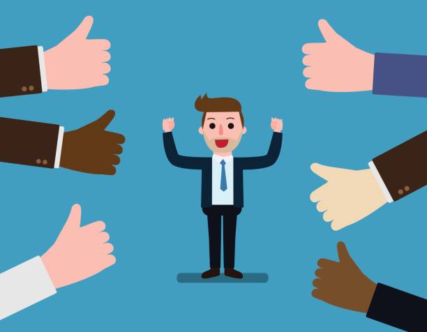 ilustrações de stock, clip art, desenhos animados e ícones de happy and proud businessman with many thumbs up hands around him. concept business compliment. vector flat cartoon character icon design. illustration isolated on backgroud - congratulating winning agreement thumbs up