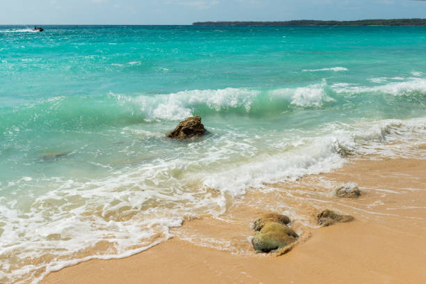 Playa Blanca or white beach near Cartagena by the Caribbean Sea in Colombia.