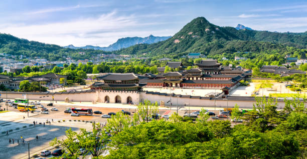 Panoramic of Gyeongbokgung palace and the Blue House , Seoul, South Korea stock photo