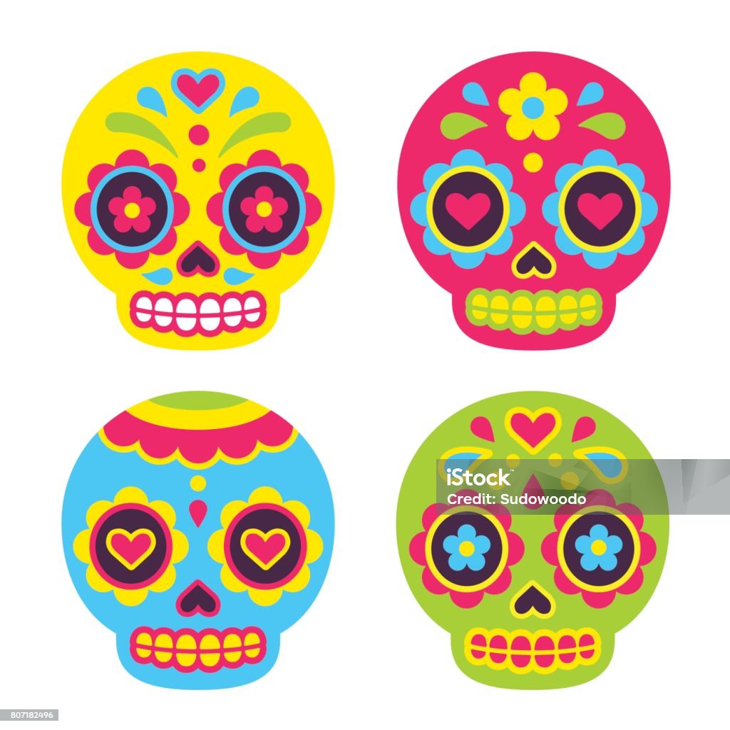 Mexican sugar skulls Mexican Dia de los Muertos (Day of the Dead) sugar skulls. Cute simple vector illustration in flat cartoon style. Day Of The Dead stock vector