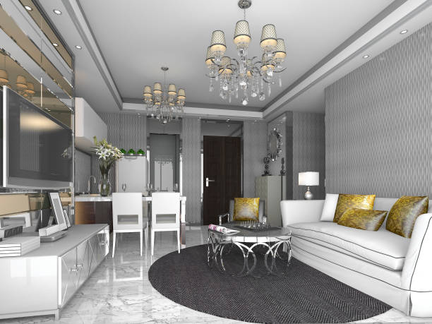 istock 3d rendering luxury and modern living room and dining room 807185266