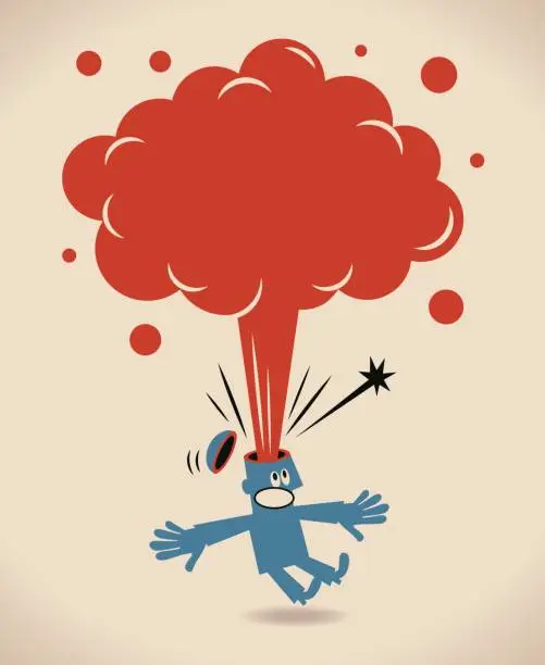 Vector illustration of Businessman with head exploding, thought bubble popping out