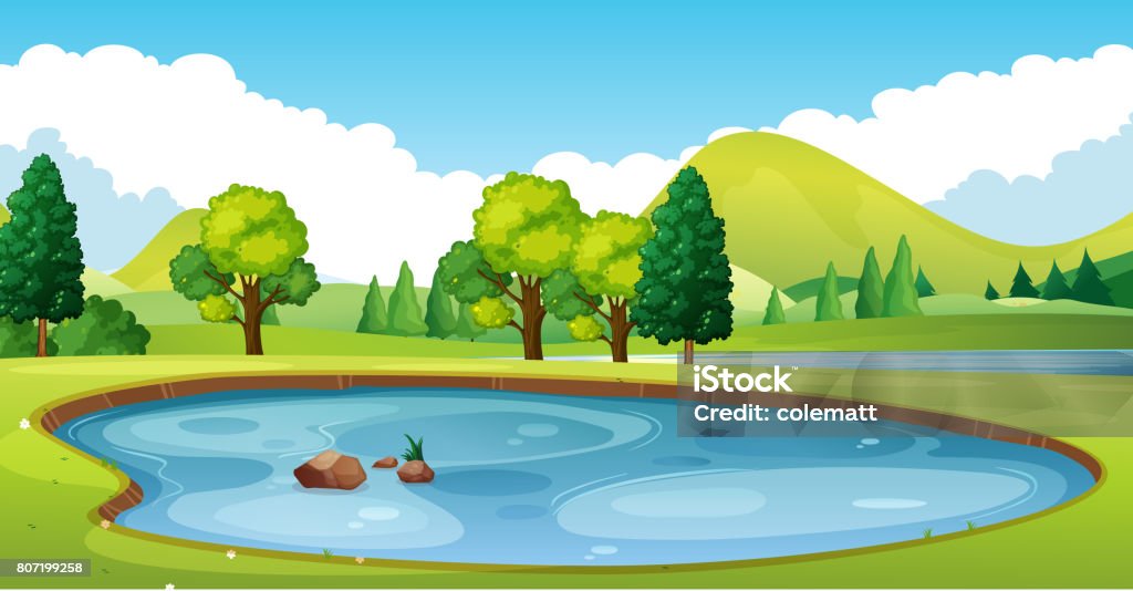 Scène avec étang sur le terrain - clipart vectoriel de Étang libre de droits