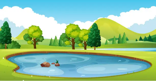 Vector illustration of Scene with pond in the field