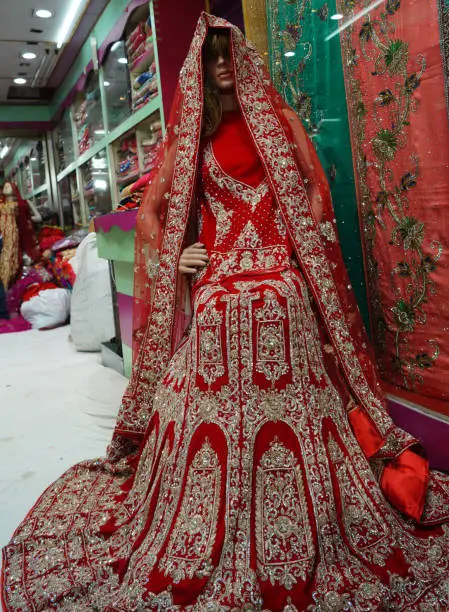 Photo of Mannequin dressed in Indian dress or saris kept in front of retail shop or stores in the market, Hyderabad,India