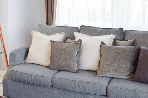 istock modern living room design with gray sofa and decorative pillows 807233200