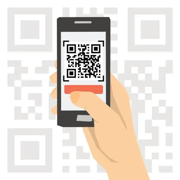 Vector illustration of QR code scanning - hand with phone