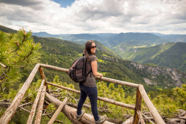istock Wooden bridge viewing side young woman 807236316