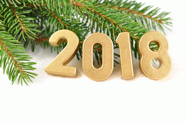 istock 2018 year golden figures and spruce branch 807236516