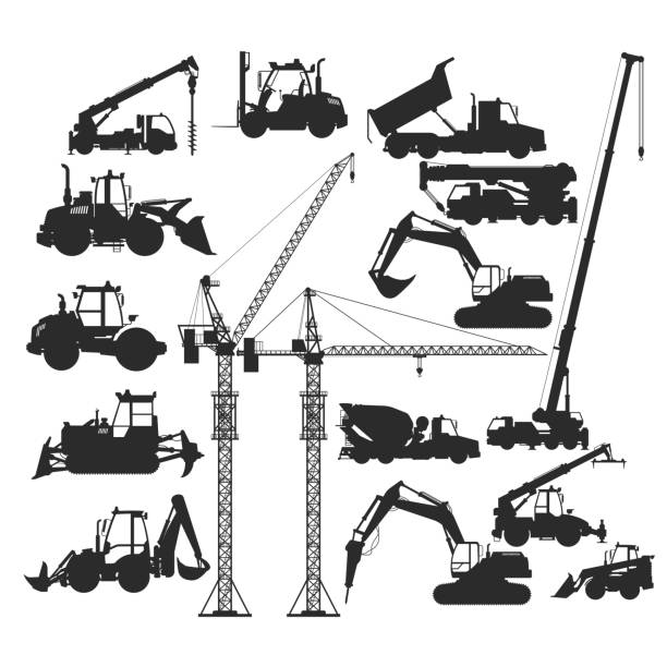 illustrations, cliparts, dessins animés et icônes de silhouettes de véhicules de construction - earth mover bulldozer construction equipment digging